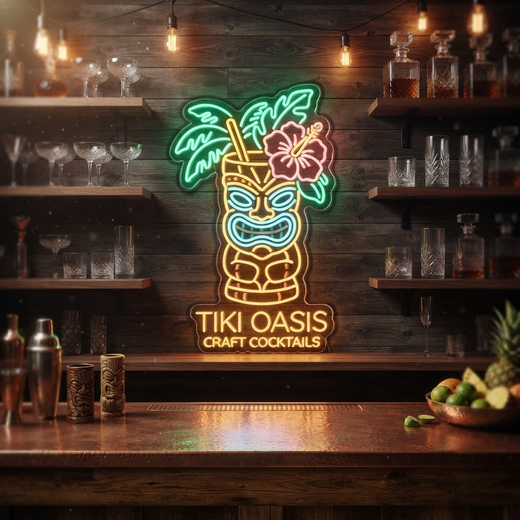 Tiki Oasis Neon Sign, Personalized Tropical Bar Decor, Custom Wooden Tiki Sign, Man Cave Wall Art, Beach House Decor, Hawaiian Party, Gift for Him