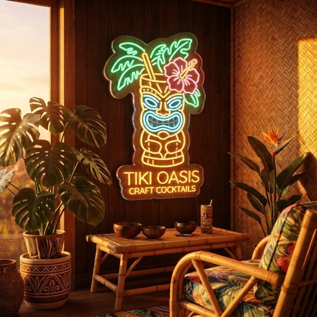 Tiki Oasis Neon Sign, Personalized Tropical Bar Decor, Custom Wooden Tiki Sign, Man Cave Wall Art, Beach House Decor, Hawaiian Party, Gift for Him