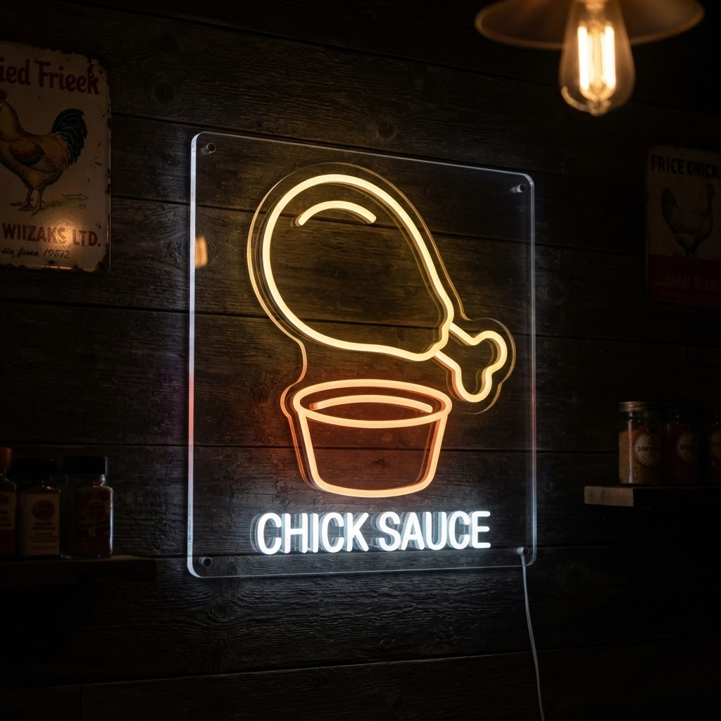 Chick Sauce Neon Sign, Neon Sign Fried Chicken Shop Decor, Personalized Foodie Gift, Fast Food Wall Art, Kitchen Decor, Diner Sign