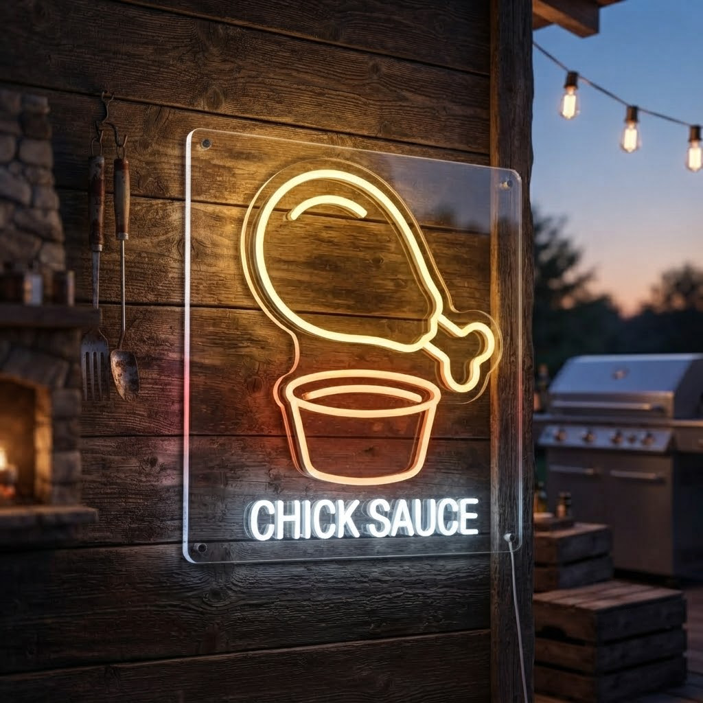 Chick Sauce Neon Sign, Neon Sign Fried Chicken Shop Decor, Personalized Foodie Gift, Fast Food Wall Art, Kitchen Decor, Diner Sign