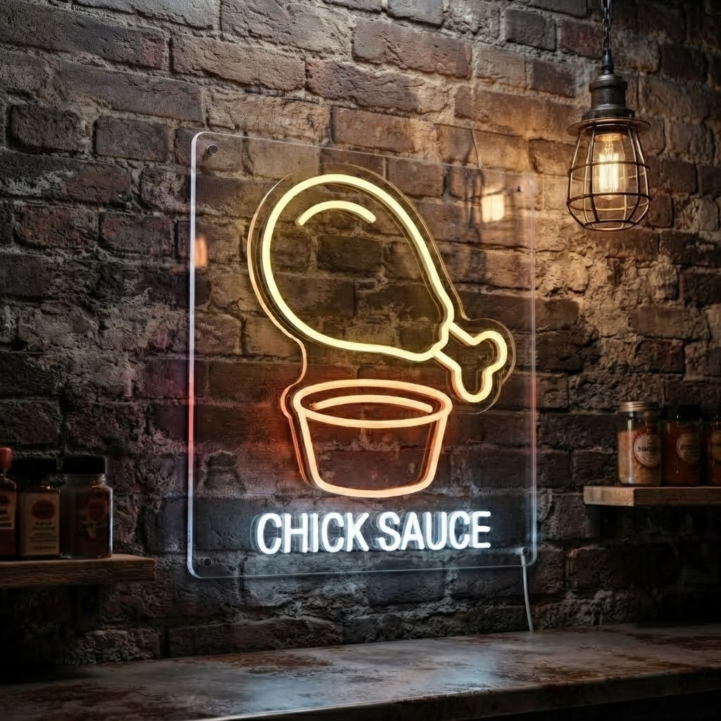 Chick Sauce Neon Sign, Neon Sign Fried Chicken Shop Decor, Personalized Foodie Gift, Fast Food Wall Art, Kitchen Decor, Diner Sign