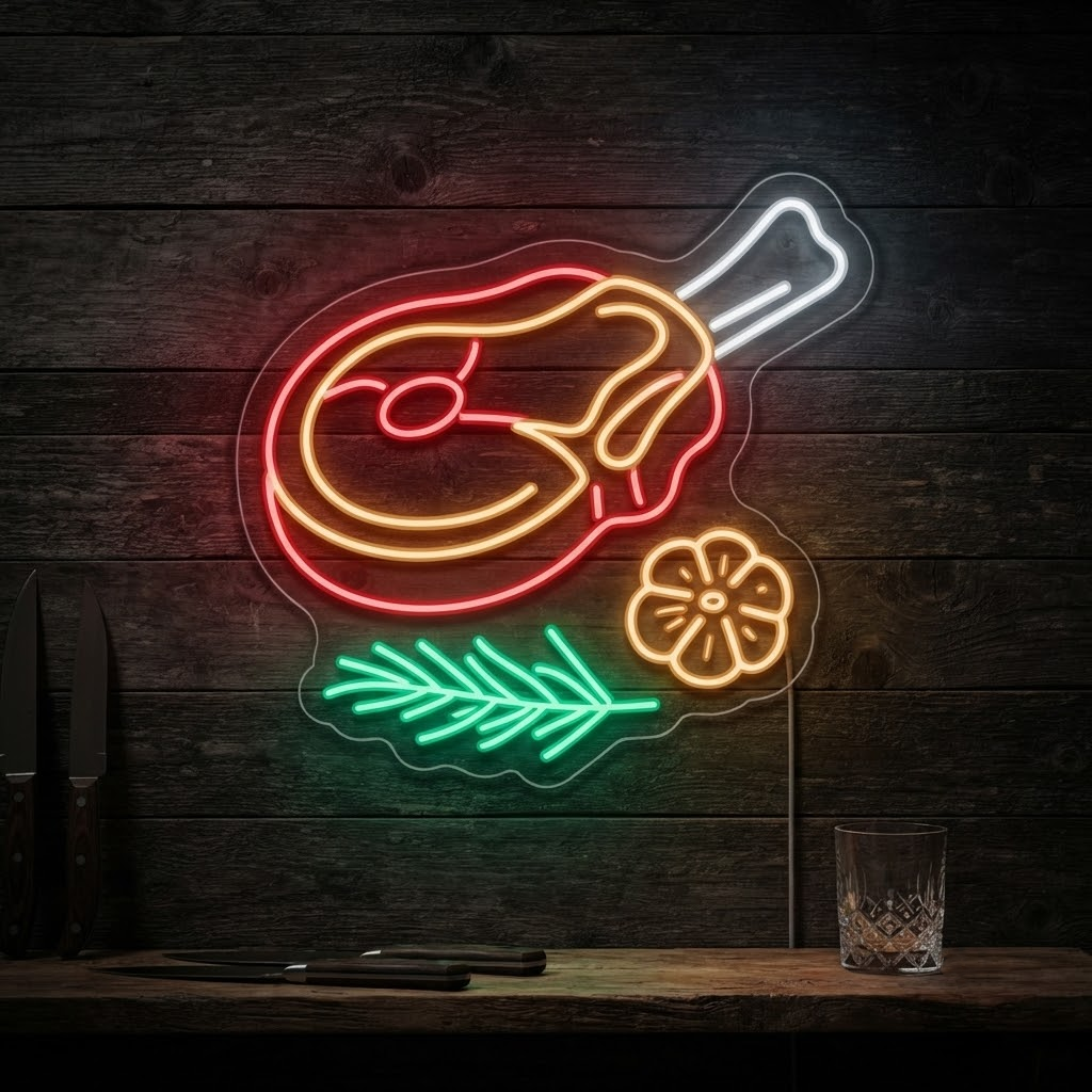 Steak Neon Sign, Neon Sign Steakhouse Decor, Personalized Meat Lover Gift, BBQ Grill Wall Art, Kitchen Decor, Grill Sign, Steakhouse Sign