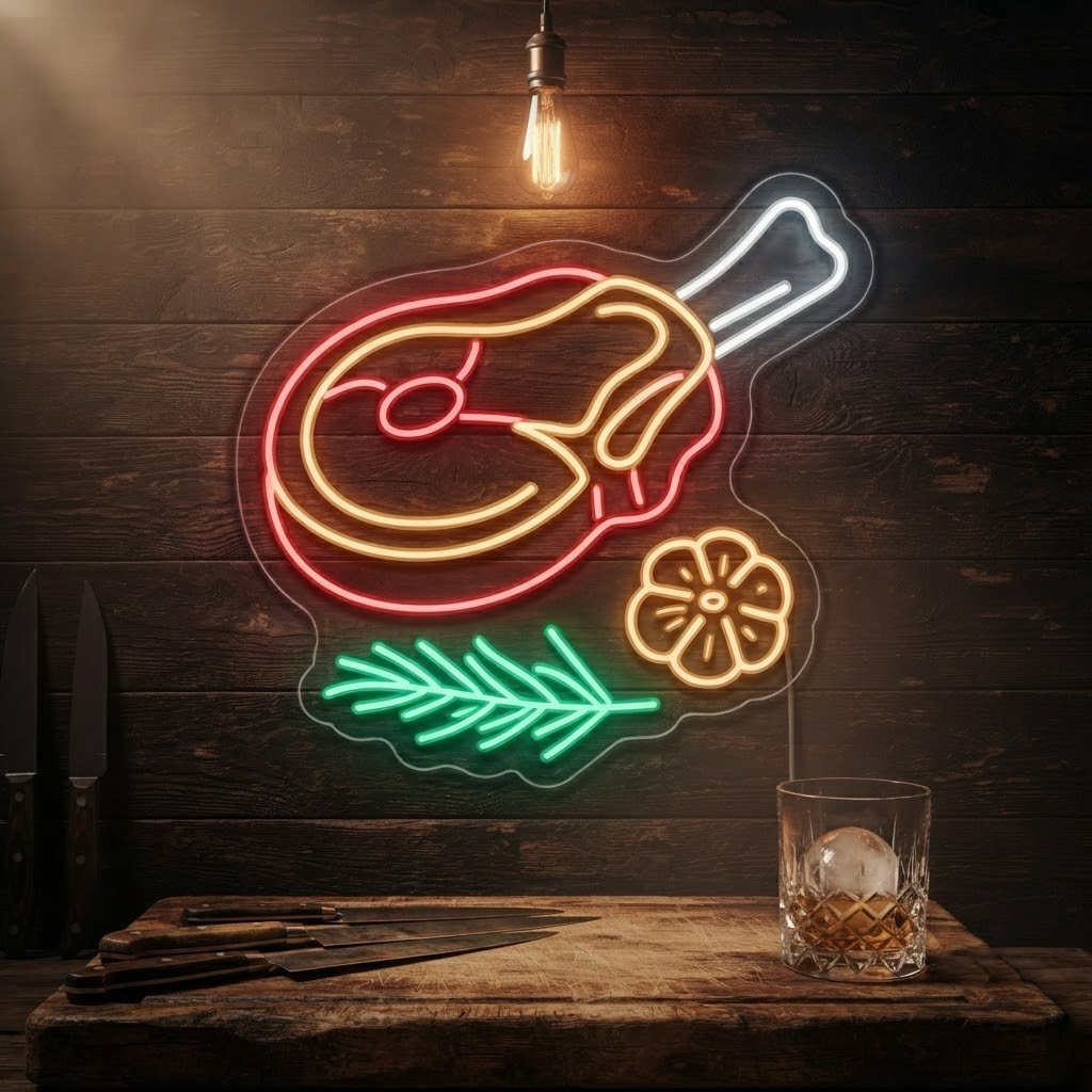 Steak Neon Sign, Neon Sign Steakhouse Decor, Personalized Meat Lover Gift, BBQ Grill Wall Art, Kitchen Decor, Grill Sign, Steakhouse Sign