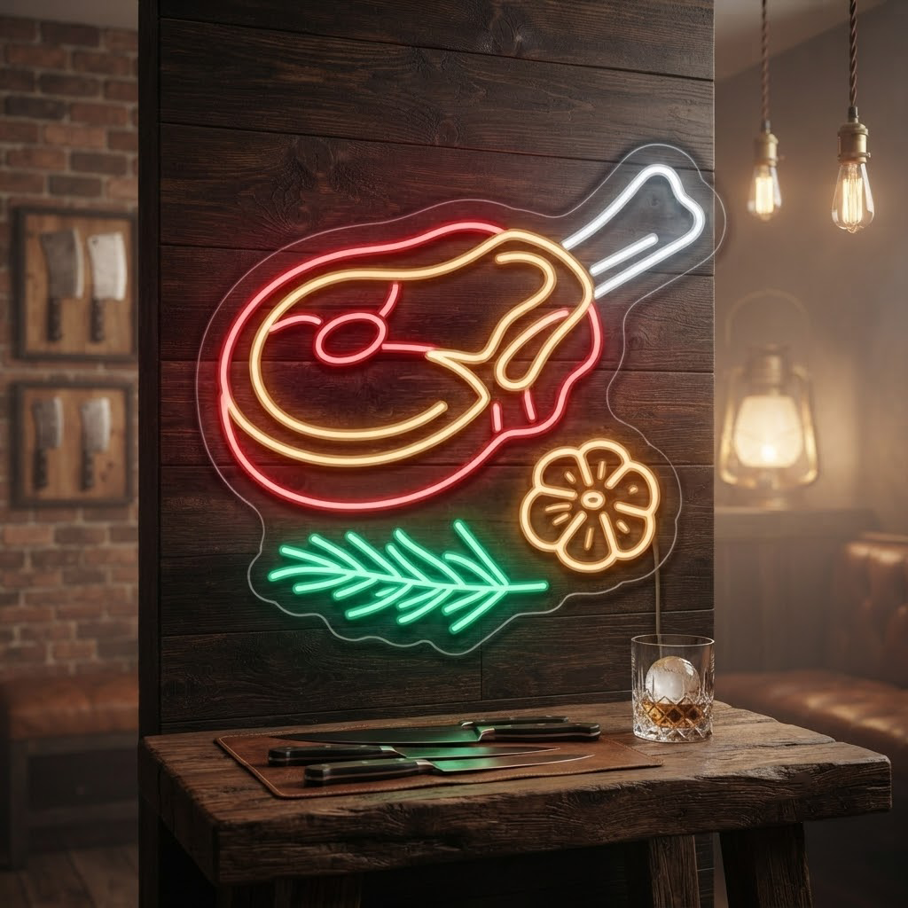 Steak Neon Sign, Neon Sign Steakhouse Decor, Personalized Meat Lover Gift, BBQ Grill Wall Art, Kitchen Decor, Grill Sign, Steakhouse Sign