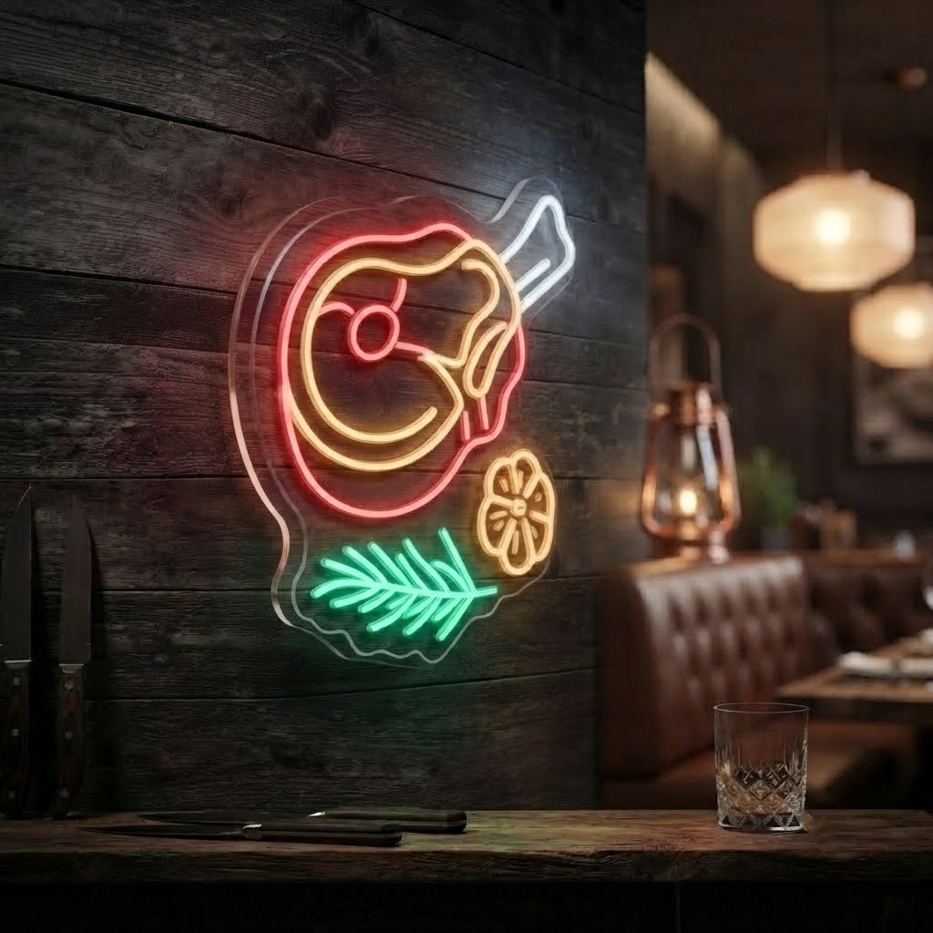 Steak Neon Sign, Neon Sign Steakhouse Decor, Personalized Meat Lover Gift, BBQ Grill Wall Art, Kitchen Decor, Grill Sign, Steakhouse Sign
