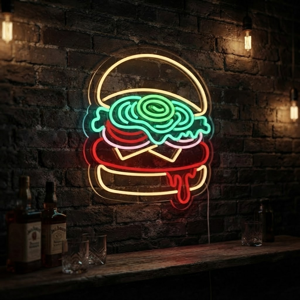 Burger Neon Sign, Neon Sign Fast Food Shop Decor, Personalized Fast Foodie Gift, Burger Joint Wall Art, Kitchen Decor, Diner Sign