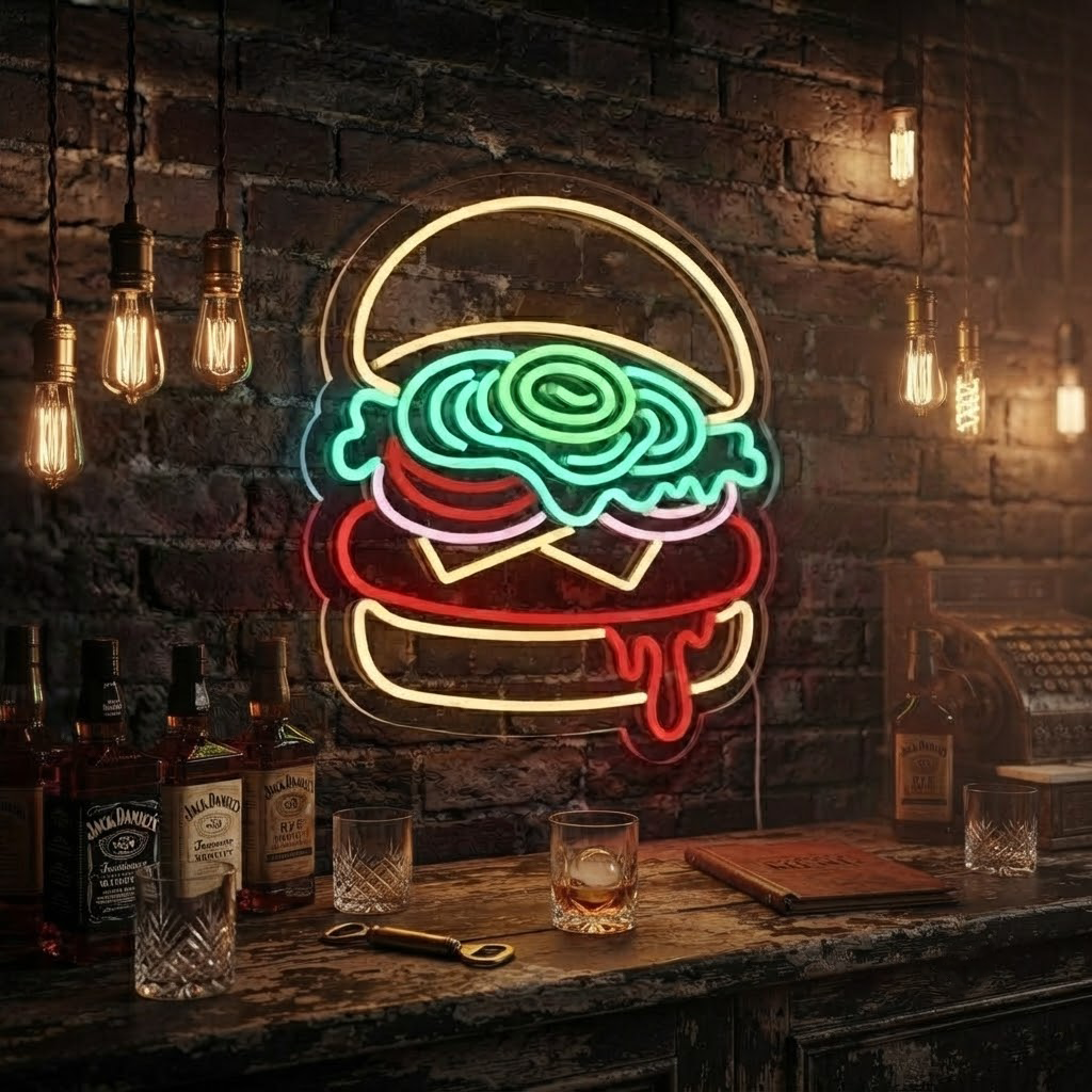 Burger Neon Sign, Neon Sign Fast Food Shop Decor, Personalized Fast Foodie Gift, Burger Joint Wall Art, Kitchen Decor, Diner Sign