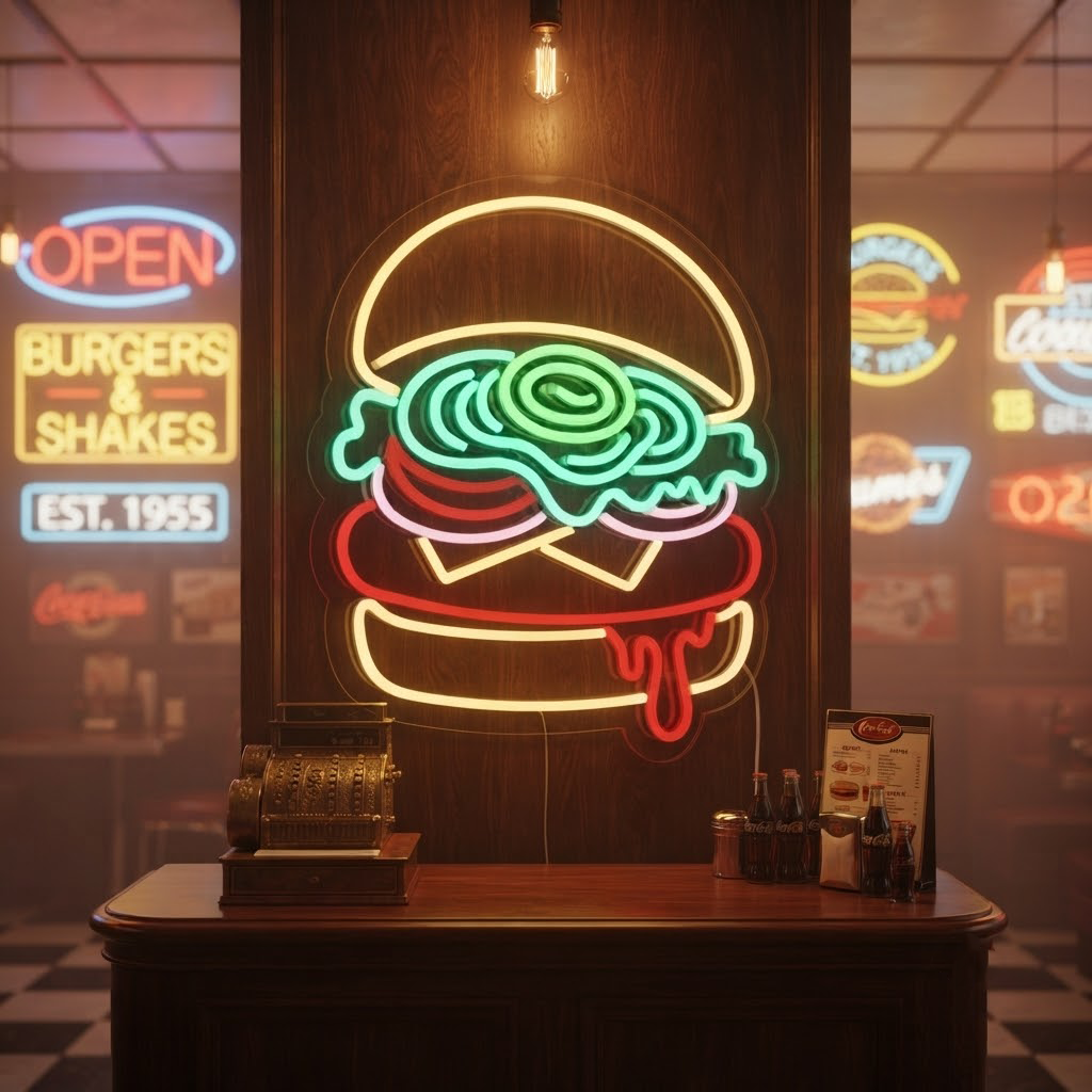 Burger Neon Sign, Neon Sign Fast Food Shop Decor, Personalized Fast Foodie Gift, Burger Joint Wall Art, Kitchen Decor, Diner Sign