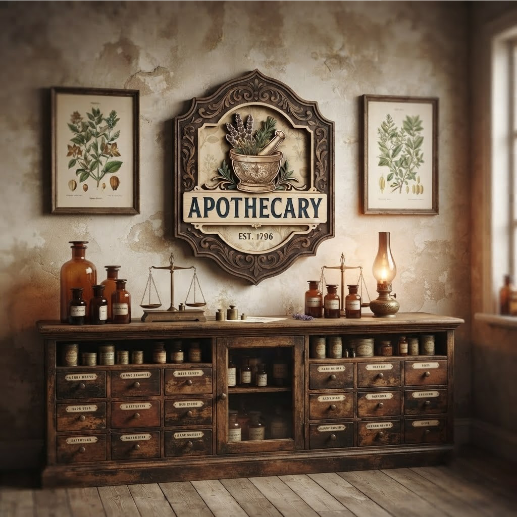 Vintage Apothecary Sign, Herbalist Wall Art, Rustic Wooden Sign, Herb Shop Decor, Apothecary Cabinet Decor, Pharmacy Sign