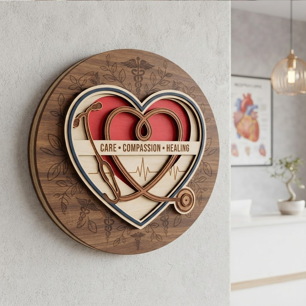 Nurse Appreciation Gift, Wooden Heart Sign, Medical Office Decor, Personalized Doctor Gift, Stethoscope Wall Art, Care Compassion Healing