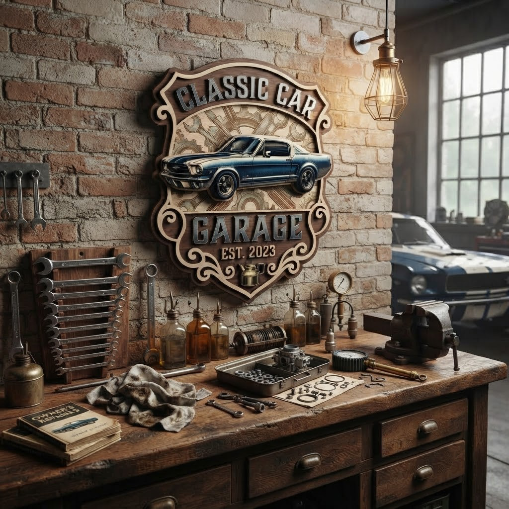 Classic Car Garage Wooden Sign, Personalized Workshop Wall Decor, Custom Man Cave Sign, Automotive Wall Art, Mechanic Gift, Vintage Car Decor