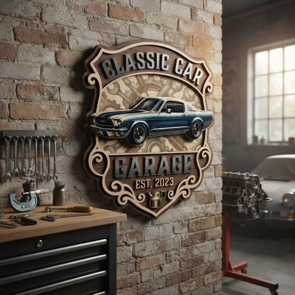 Classic Car Garage Wooden Sign, Personalized Workshop Wall Decor, Custom Man Cave Sign, Automotive Wall Art, Mechanic Gift, Vintage Car Decor