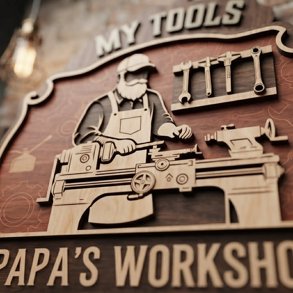 Personalized Papa's Workshop Sign, Custom Wood Shop Decor, Man Cave Sign, Father's Day Gift For Dad, Mechanic Wall Art, Workshop Name Sign